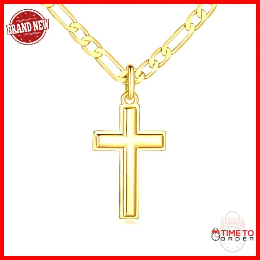 Men's Gold Cross Pendant Necklace 20-24in 14k Gold Plated Figaro Chain